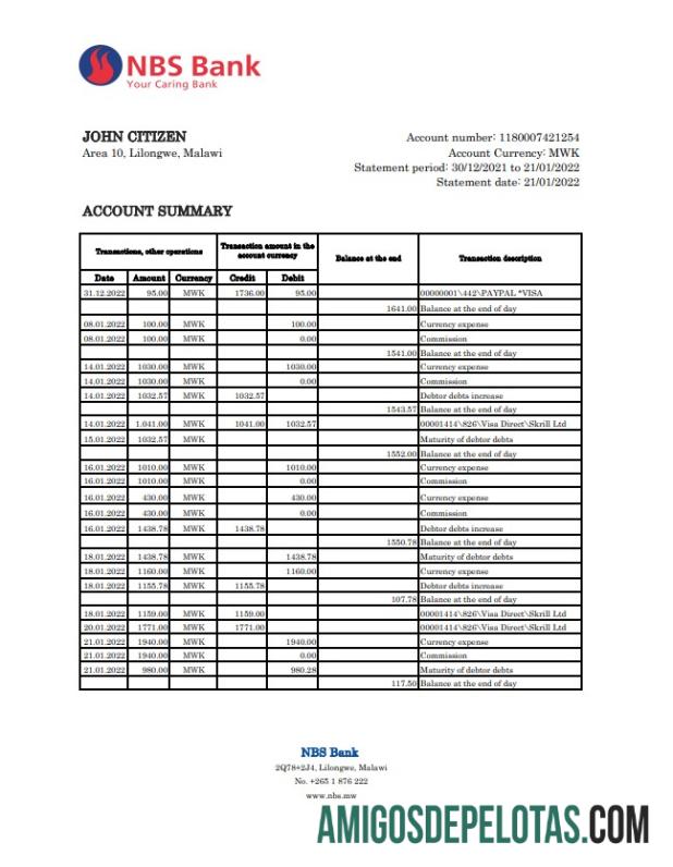 Malawi NBS Bank Extract Xls amostra
